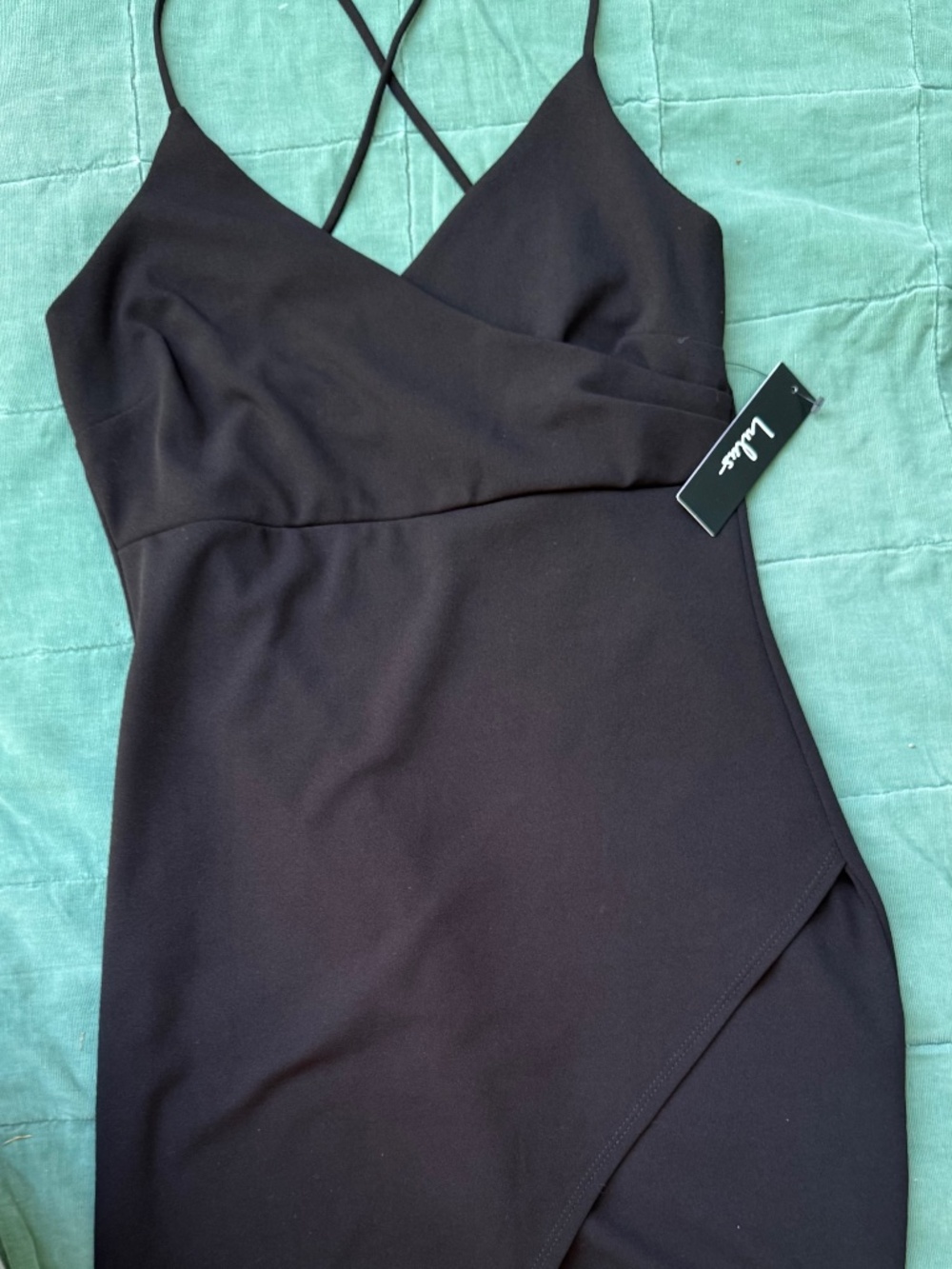 Lulus Bodycon MiniDress Blk Criss Cross Straps Faux Wrap Hankerchief hem Sz M